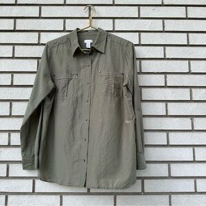 Chico’s Olive Army Green Cotton Silk Roll-Tab Utility Button-Up Shirt M